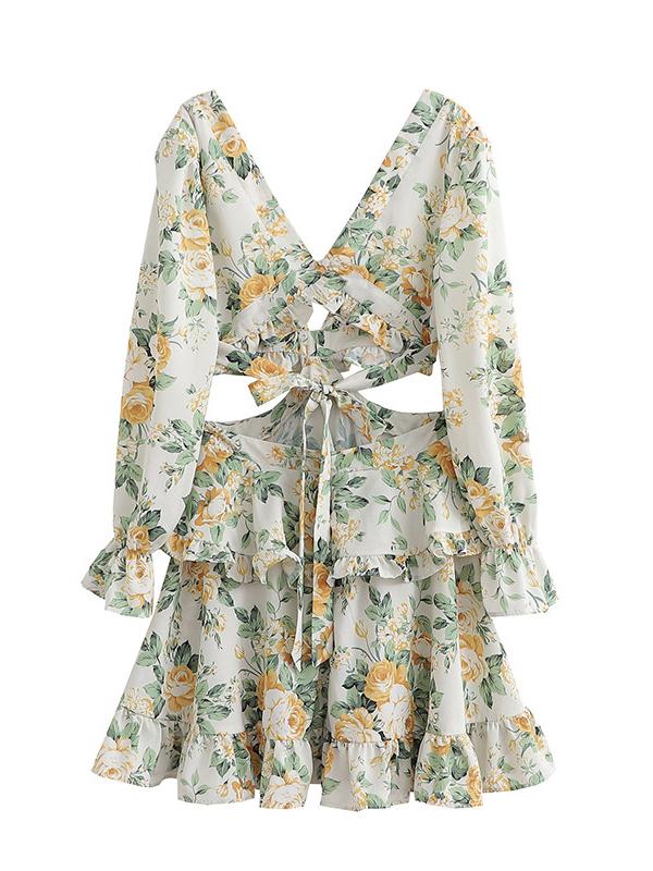 CM-D122446 Women Trendy Bohemian Style Patchwork Floral Ruffles Long Sleeve Dress