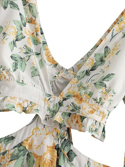 CM-D122446 Women Trendy Bohemian Style Patchwork Floral Ruffles Long Sleeve Dress