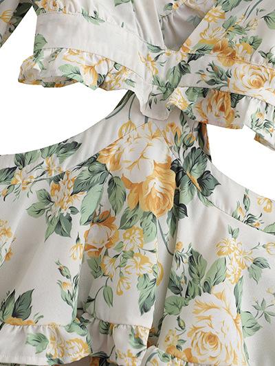 CM-D122446 Women Trendy Bohemian Style Patchwork Floral Ruffles Long Sleeve Dress