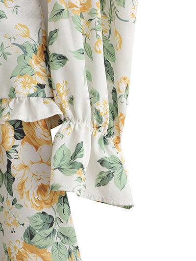CM-D122446 Women Trendy Bohemian Style Patchwork Floral Ruffles Long Sleeve Dress