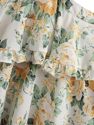 CM-D122446 Women Trendy Bohemian Style Patchwork Floral Ruffles Long Sleeve Dress