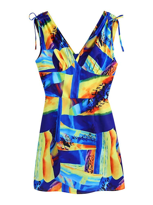 CM-D122451 Women Casual European Style V-Neck Sleeveless Short Dress - Blue
