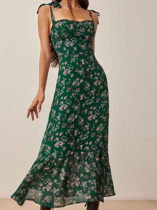 CM-D122720 Women Trendy Bohemian Style Camisole Ruffled Floral Maxi Dress - Green