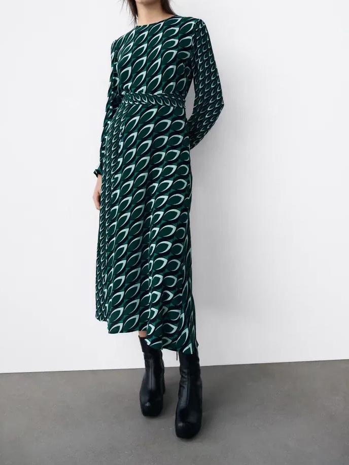 CM-D122417 Women Elegant European Style Print Long Sleeve Midi Dress - Green
