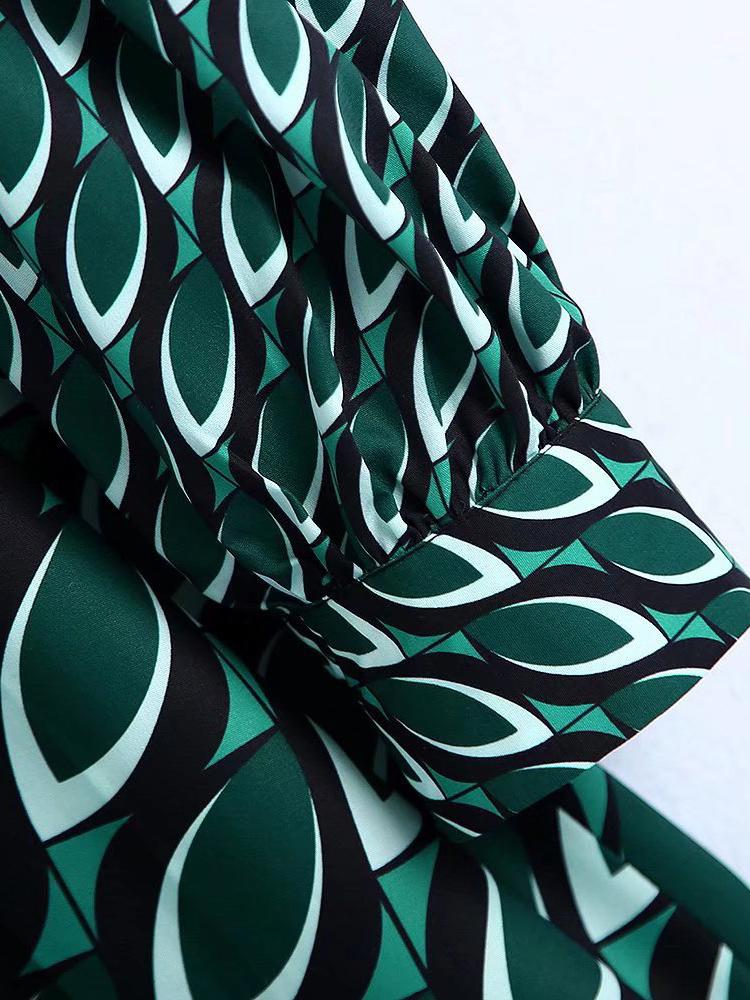 CM-D122417 Women Elegant European Style Print Long Sleeve Midi Dress - Green