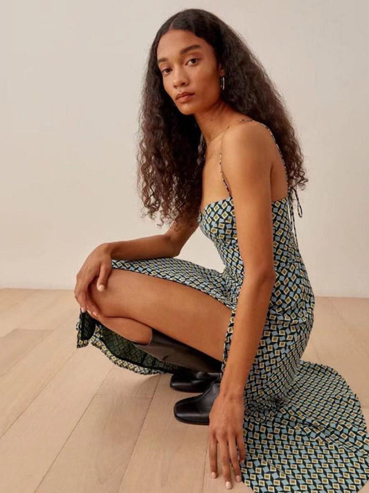 CM-D122818 Women Casual European Style Off Shoulder Slit Geometric Printed Midi Slip Dress