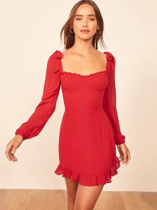 CM-D122482 Women Casual European Style Square Neck Ruffled Long Sleeve Dress - Red