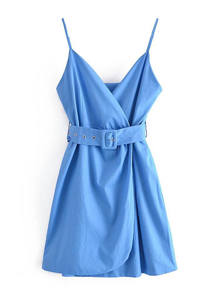 CM-D122461 Women Casual European Style Spaghetti Strap Sleeveless Mini Dress With Belt