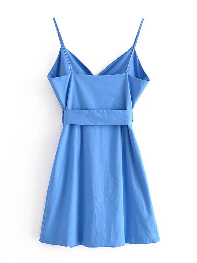 CM-D122461 Women Casual European Style Spaghetti Strap Sleeveless Mini Dress With Belt