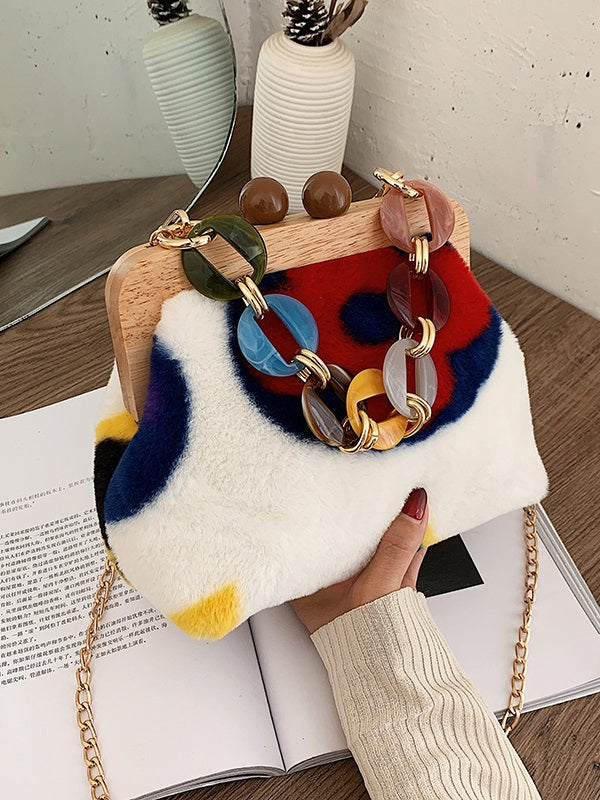 CM-BG102175 Women Trendy Seoul Style Colorful Print Furry Chain Shoulder Bag (Available in 3 colors)