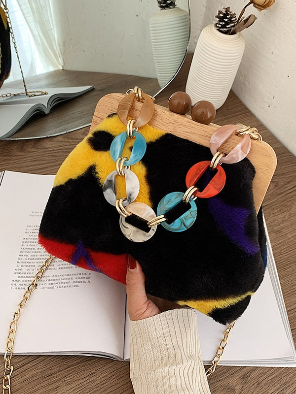 CM-BG102175 Women Trendy Seoul Style Colorful Print Furry Chain Shoulder Bag (Available in 3 colors)