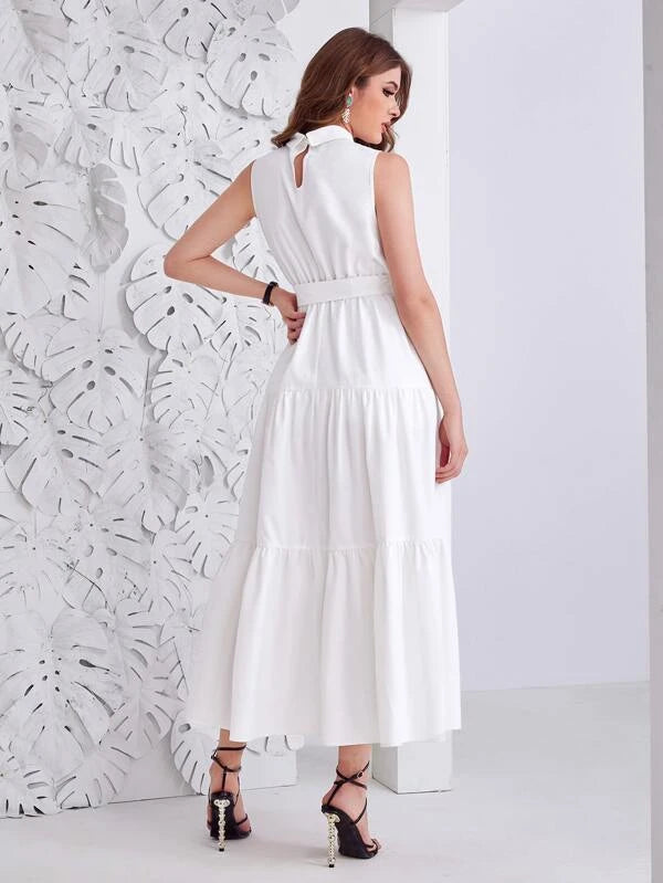 CM-DS863126 Women Casual Seoul Style Sleeveless Keyhole Back Ruffle Hem Belted Dress