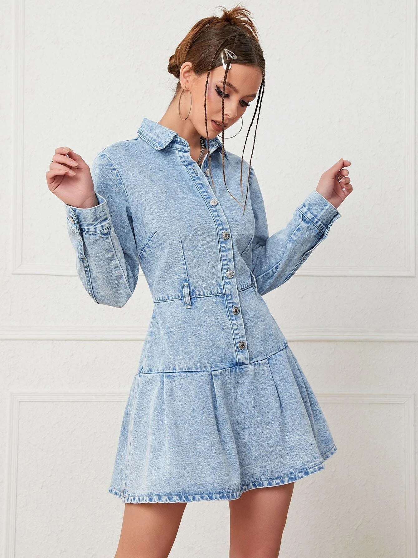 CM-DS393616 Women Trendy Seoul Style Light Wash Button Front Ruffle Hem Denim Dress