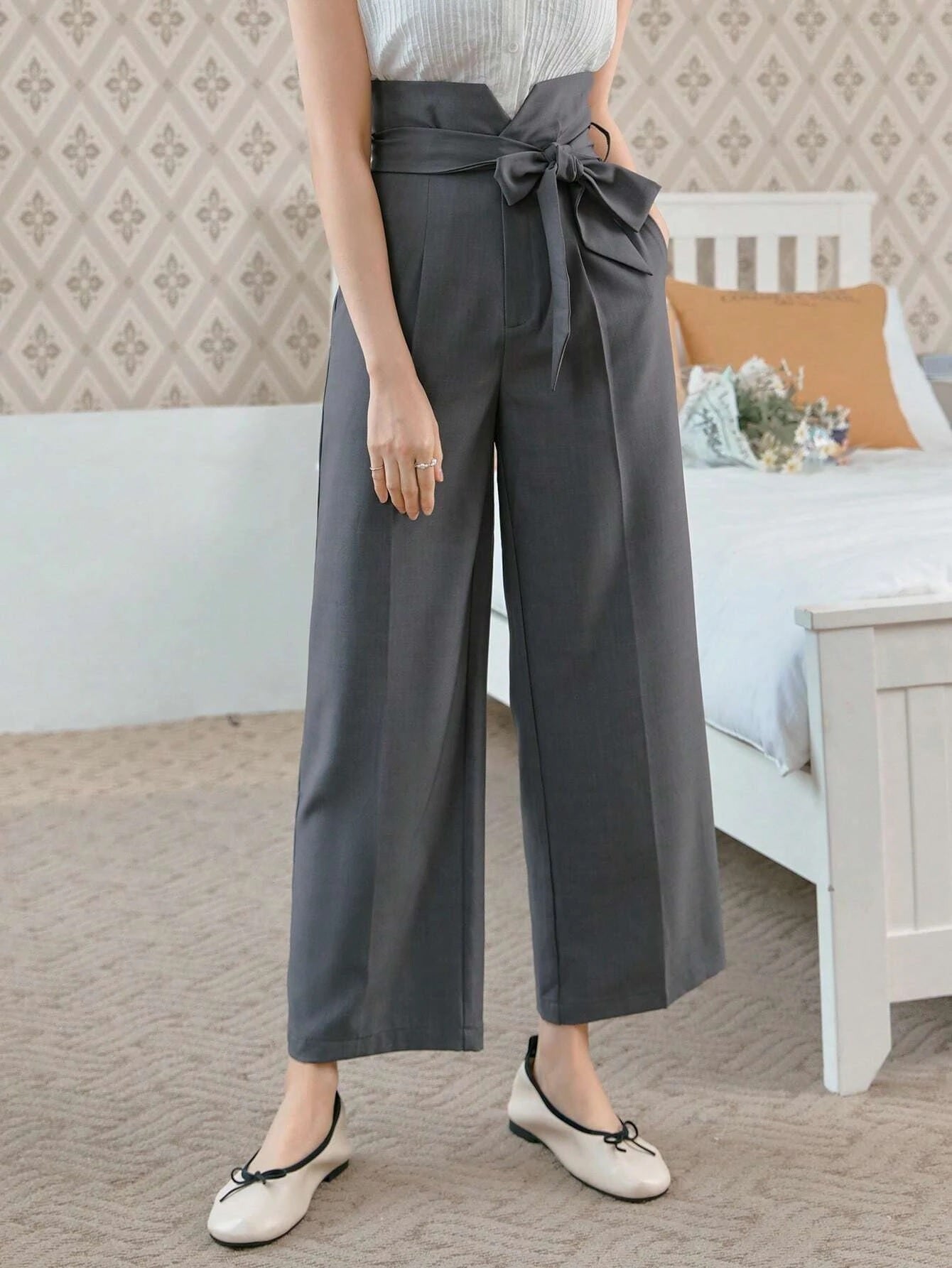 CM-BS646029 Women Casual Seoul Style High Waist Belted Wide Leg Pants - Gray