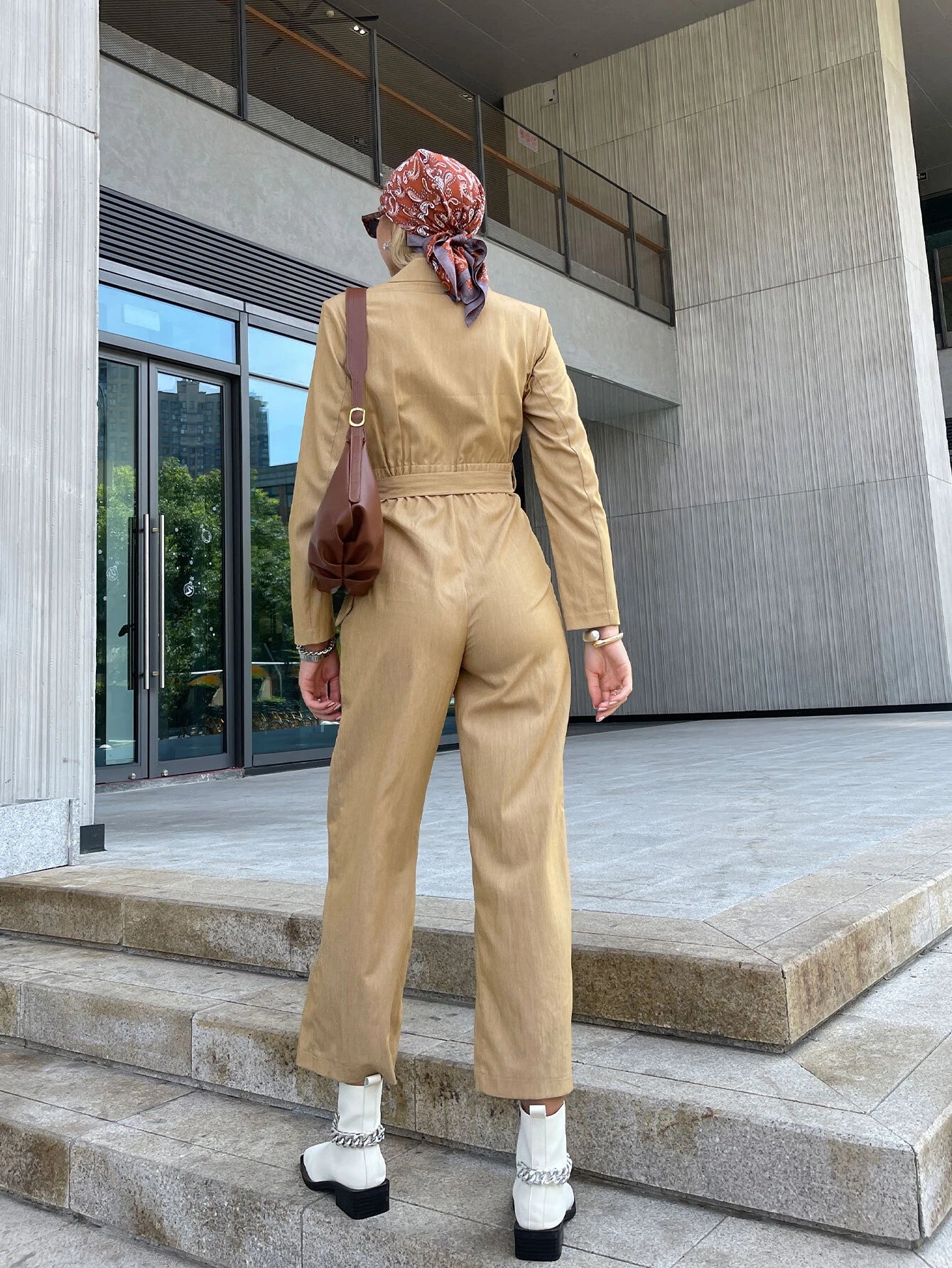CM-JS974401 Women Casual Seoul Style Double Button Fold Pleated Belted Jumpsuit