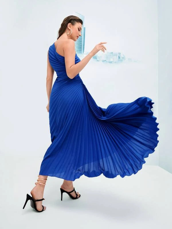 CM-DS504136 Women Elegant Seoul Style Ruched Pleated One Shoulder Dress - Blue