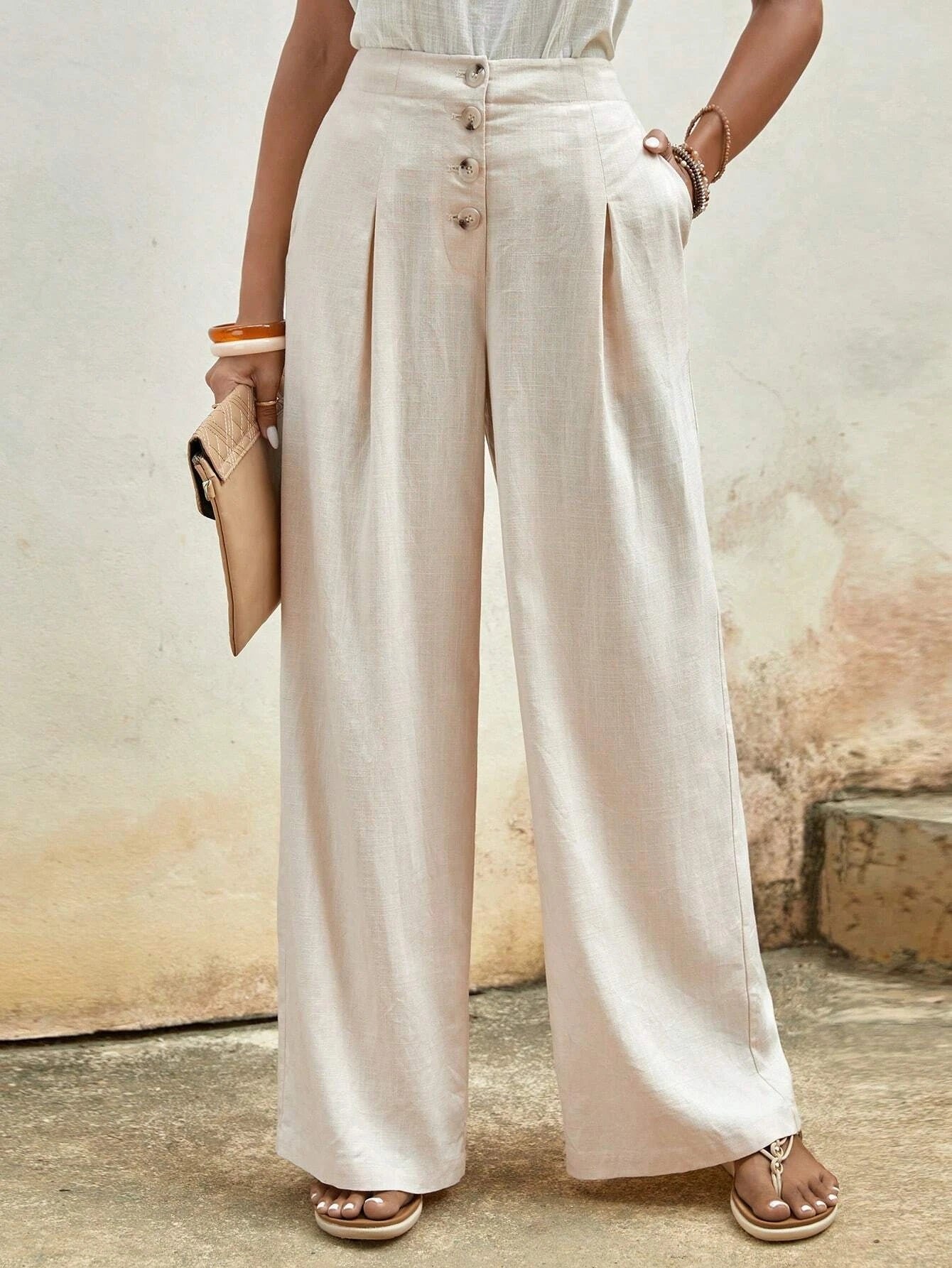 CM-BS263034 Women Trendy Bohemian Style High Waist Button Fly Wide Leg Pants - Apricot