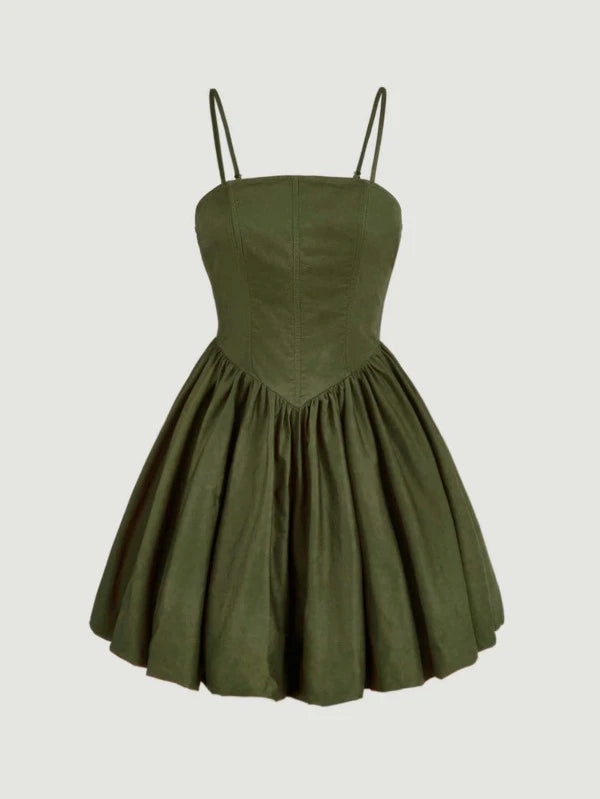 CM-DS210007 Women Elegant Seoul Style Zip Back Flare Hem Cami Dress - Army Green