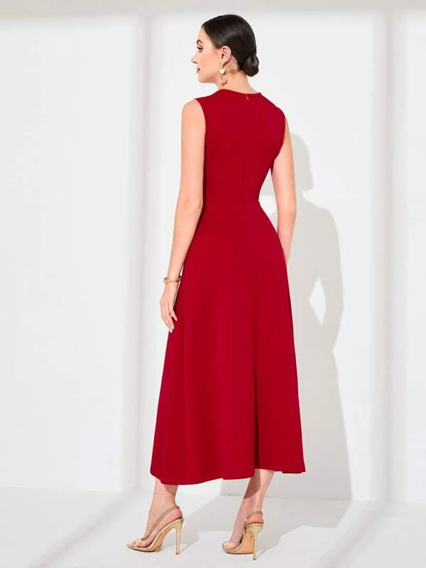 CM-DS475299 Women Elegant Seoul Style Sleeveless Twist Front Solid Dress - Red
