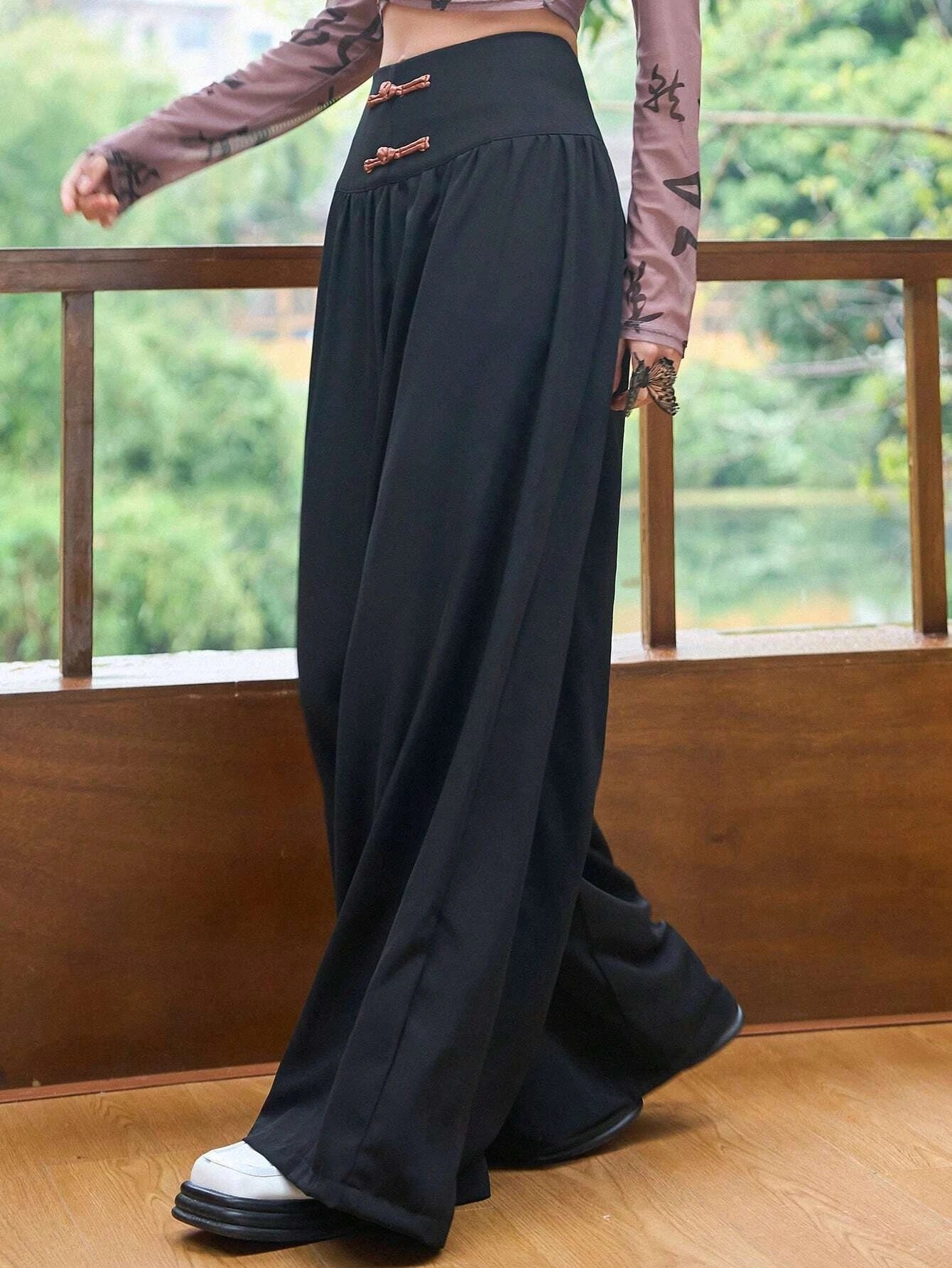 CM-BS191407 Women Elegant Seoul Style Solid Wide Leg Pants - Black