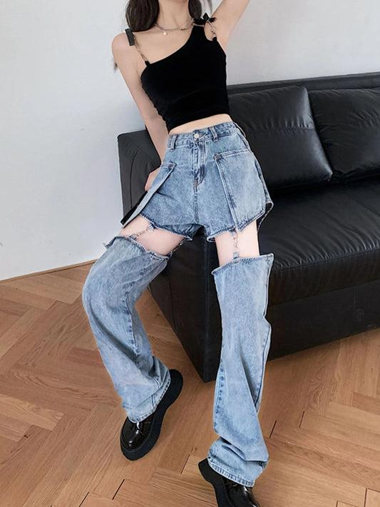 CM-BS621025 Women Preppy Seoul Style Medium Wash High Waist Clasp Detail Jeans