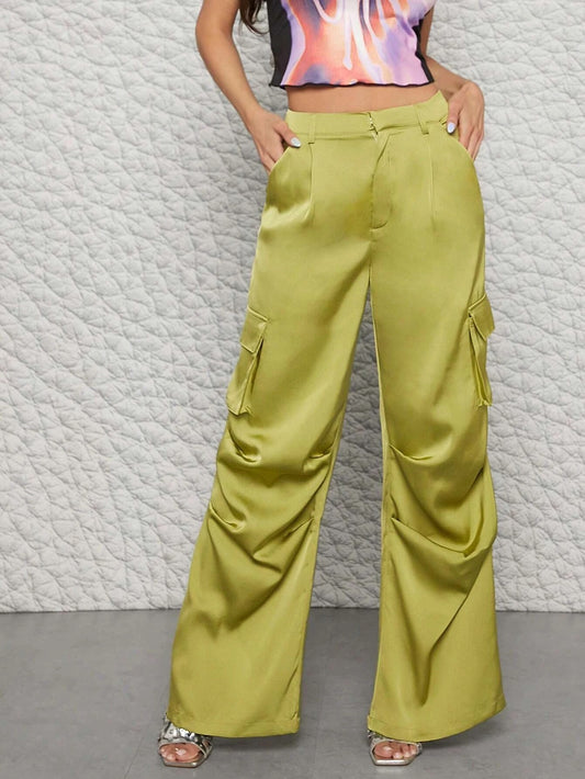 CM-BS137887 Women Casual Seoul Style Satin Flap Pocket Side Wide Leg Cargo Pants