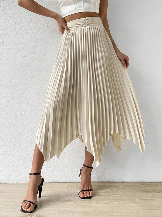 CM-BS059490 Women Casual Seoul Style Solid Hanky Hem Pleated Skirt - Apricot