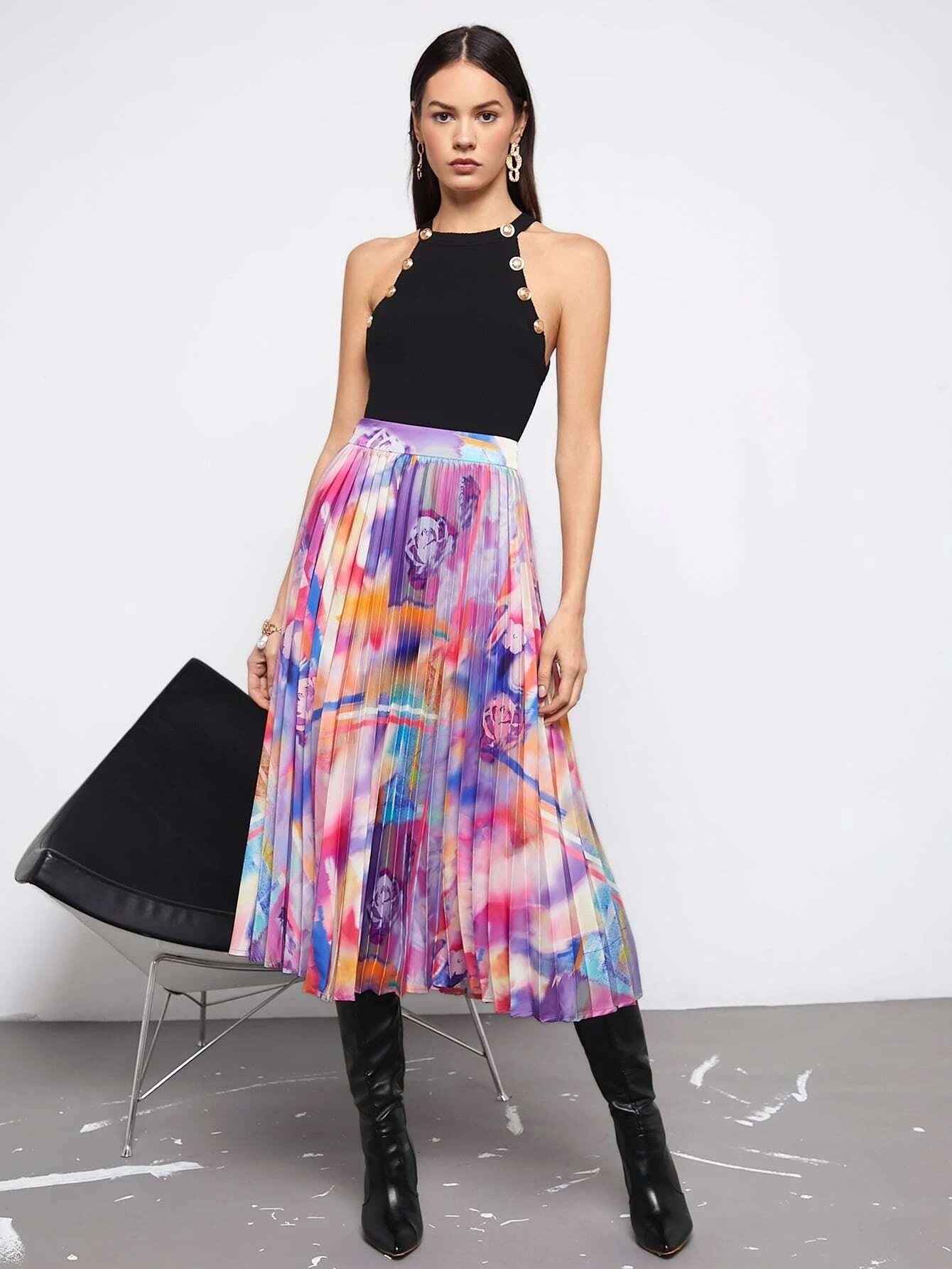 CM-BS647519 Women Casual Seoul Style High Waist Tie Dye Pleated Skirt