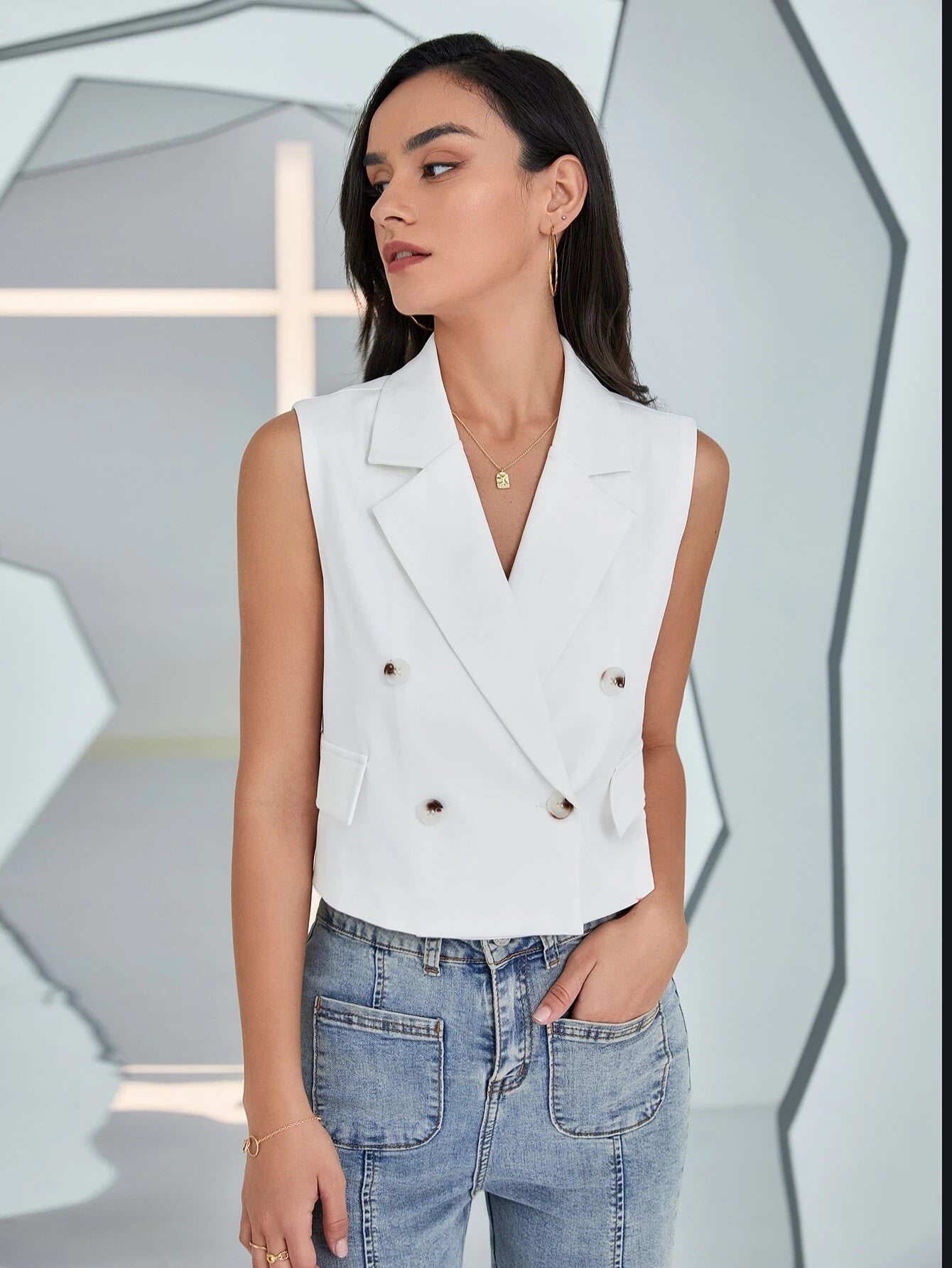 CM-CS444364 Women Elegant Seoul Style Double Breasted Flap Detail Vest Blazer - White
