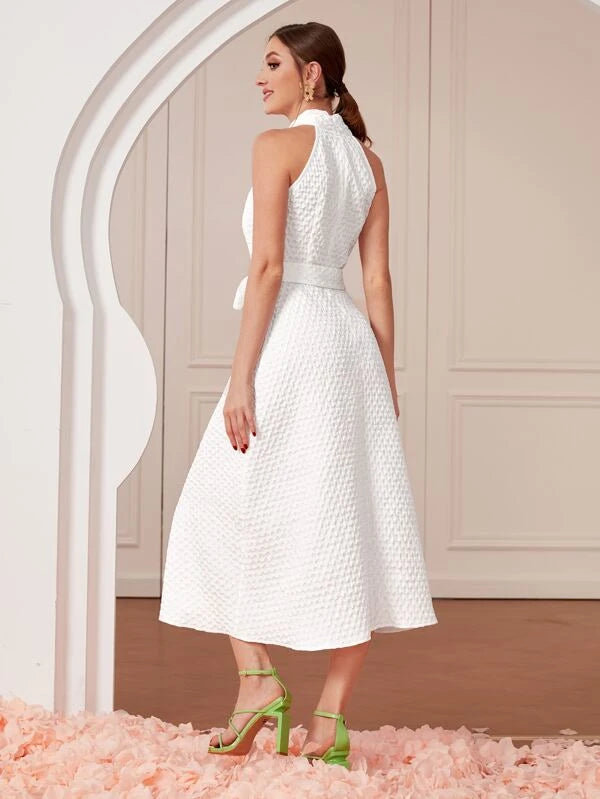 CM-DS085981 Women Elegant Seoul Style Argyle Pattern Belted Halter Dress - White