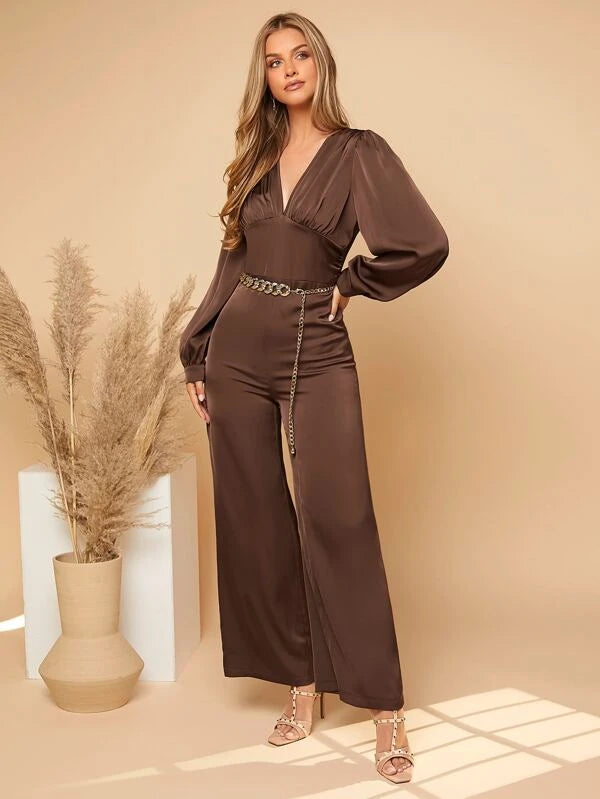 CM-JS301818 Women Elegant Seoul Style Ruched Lantern Sleeve Jumpsuit - Brown