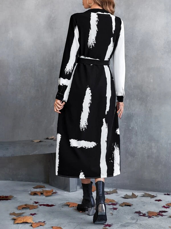 CM-DS369334 Women Trendy Bohemian Style Brush Print Belted Shirt Dress