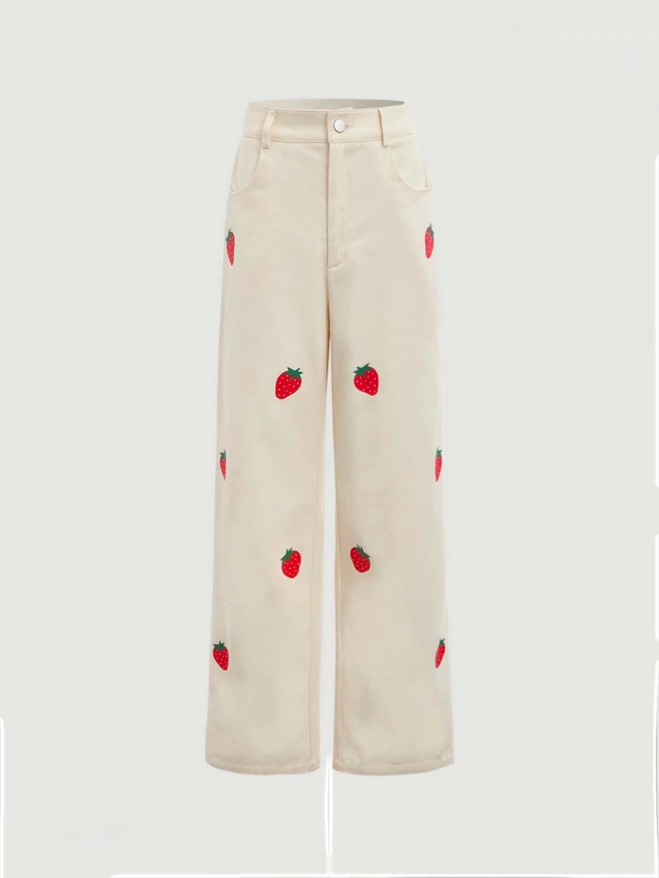 CM-BS819119 Women Casual Seoul Style Strawberry Print Straight Leg Pants - Beige