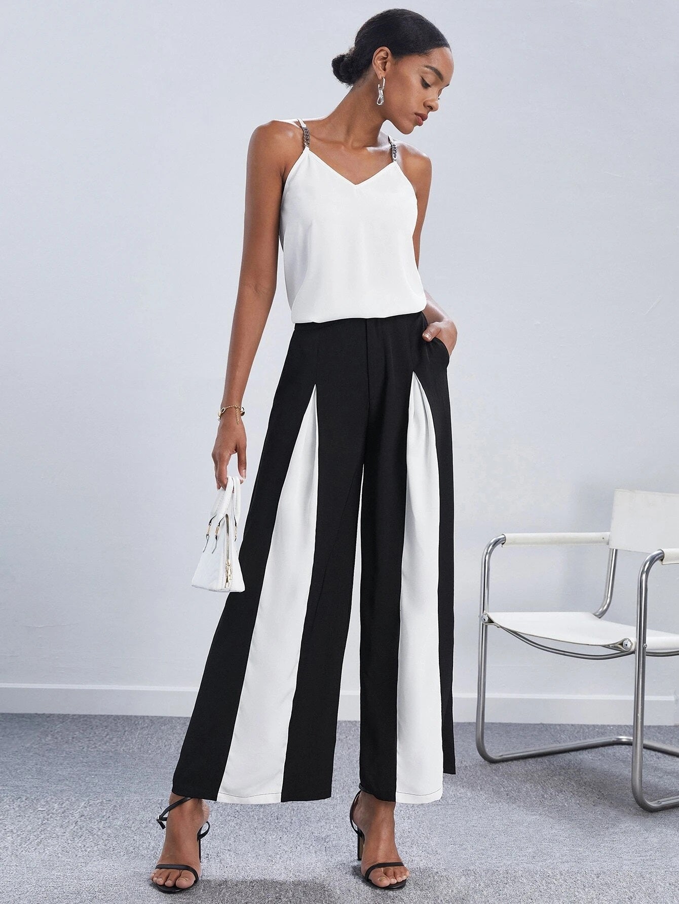 CM-BS846476 Women Elegant Seoul Style Two Tone Wide Leg Suit Pants