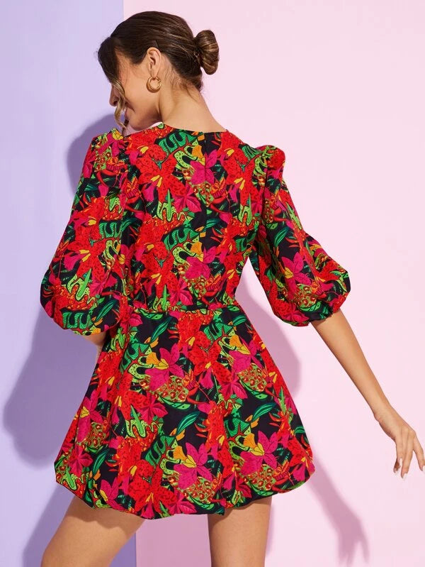 CM-DS961313 Women Trendy Bohemian Style Lantern Sleeve Tropical Print Dress