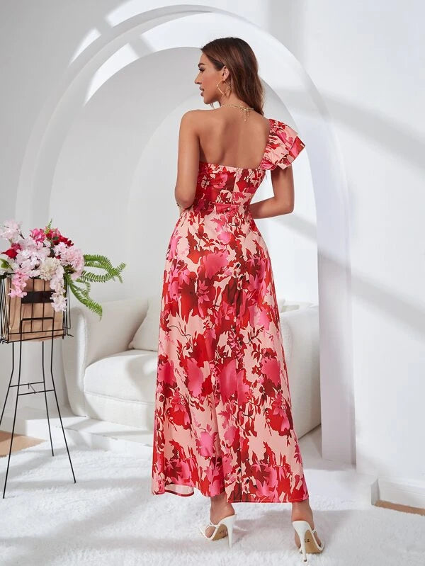 CM-DS890111 Women Elegant Seoul Style Floral Print Cut Out Waist Dress