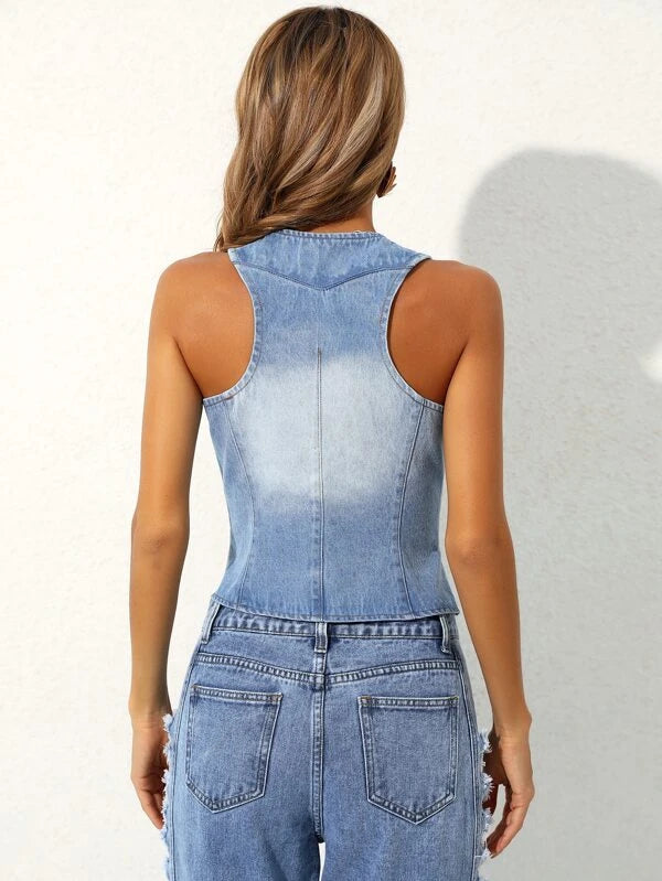 CM-TS880288 Women Casual Seoul Style Sleeveless Button Front Tank Denim Top