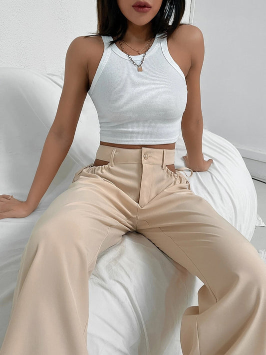 CM-BS519652 Women Casual Seoul Style Solid Cut Out Waist Wide Leg Pants - Apricot