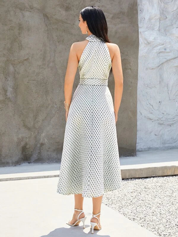 CM-DS071777 Women Elegant Seoul Style Argyle Pattern Belted Halter Dress