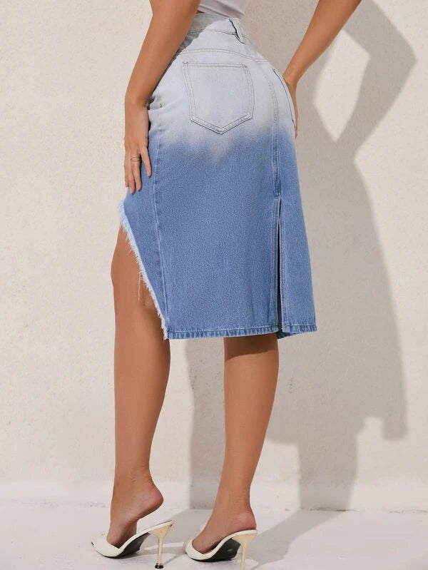 CM-BS453122 Women Casual Seoul Style Asymmetrical Raw Hem Ombre Denim Skirt