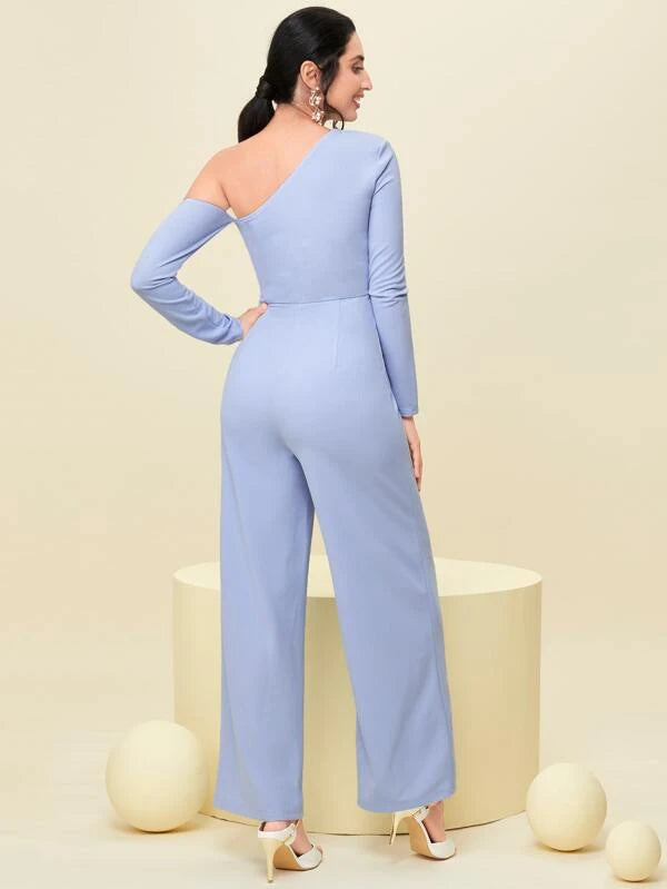 CM-JS800997 Women Elegant Seoul Style Asymmetrical Neck Knot Side Jumpsuit