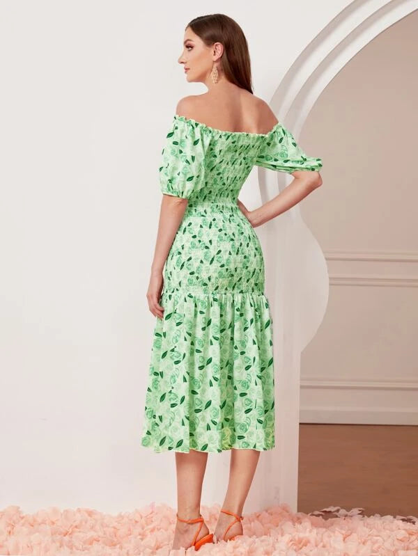 CM-DS816664 Women Casual Seoul Style Allover Print Off Shoulder Puff Sleeve Shirred Dress