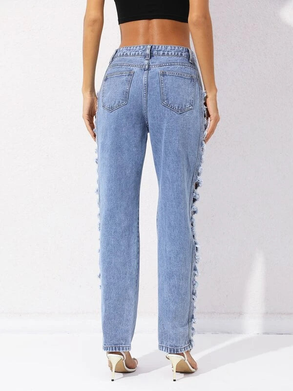 CM-BS888885 Women Elegant Seoul Style Ladder Cut Out Frayed Straight Leg Jeans
