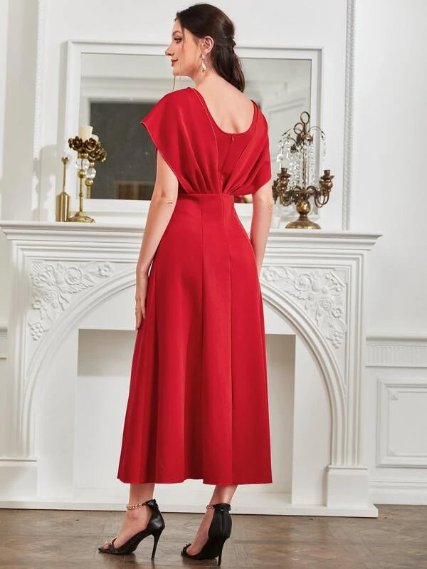 CM-DS481444 Women Elegant Seoul Style Solid Fold Pleated Detail A-Line Dress - Red