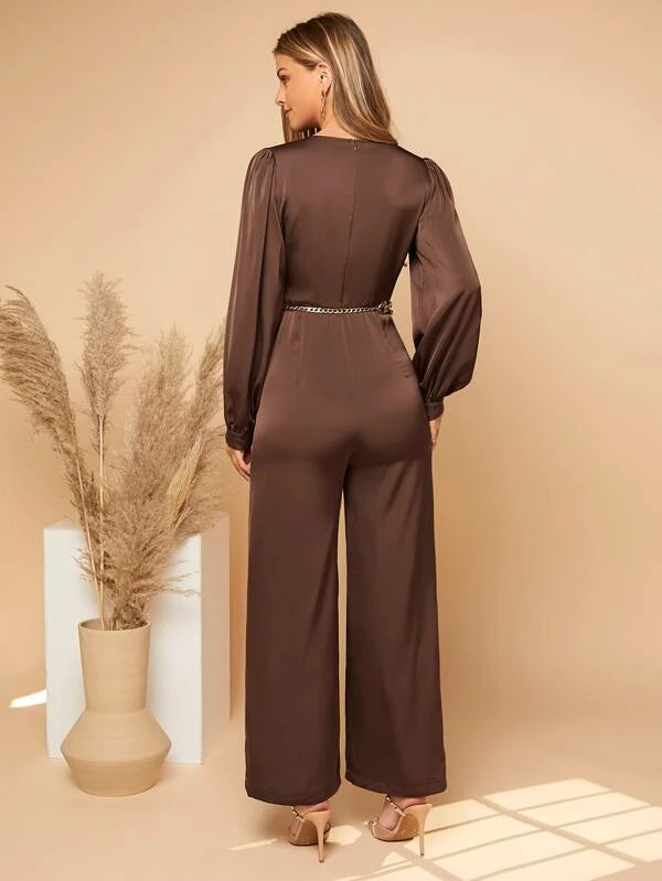 CM-JS301818 Women Elegant Seoul Style Ruched Lantern Sleeve Jumpsuit - Brown