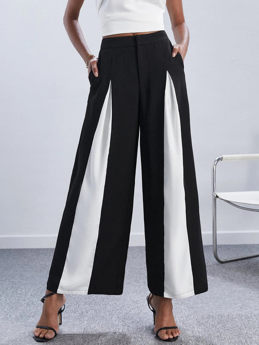 CM-BS846476 Women Elegant Seoul Style Two Tone Wide Leg Suit Pants