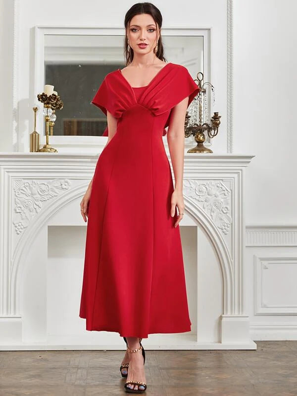 CM-DS481444 Women Elegant Seoul Style Solid Fold Pleated Detail A-Line Dress - Red