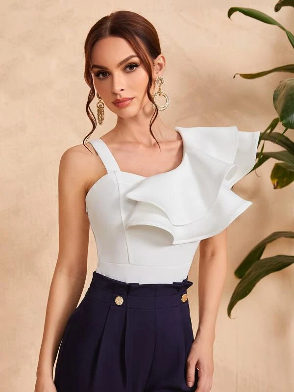 CM-TS847371 Women Elegant Seoul Style Asymmetrical Neck Layered Trim Bodysuit - White
