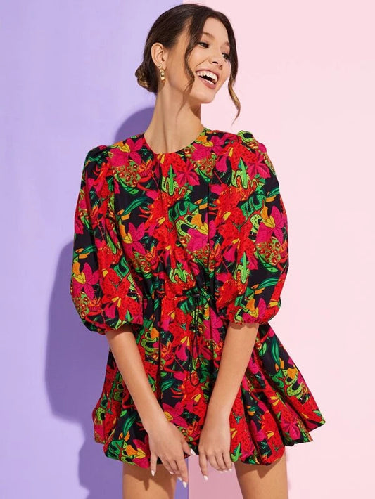 CM-DS961313 Women Trendy Bohemian Style Lantern Sleeve Tropical Print Dress