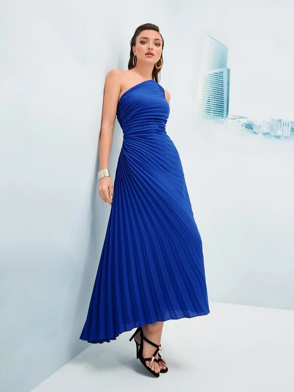 CM-DS504136 Women Elegant Seoul Style Ruched Pleated One Shoulder Dress - Blue